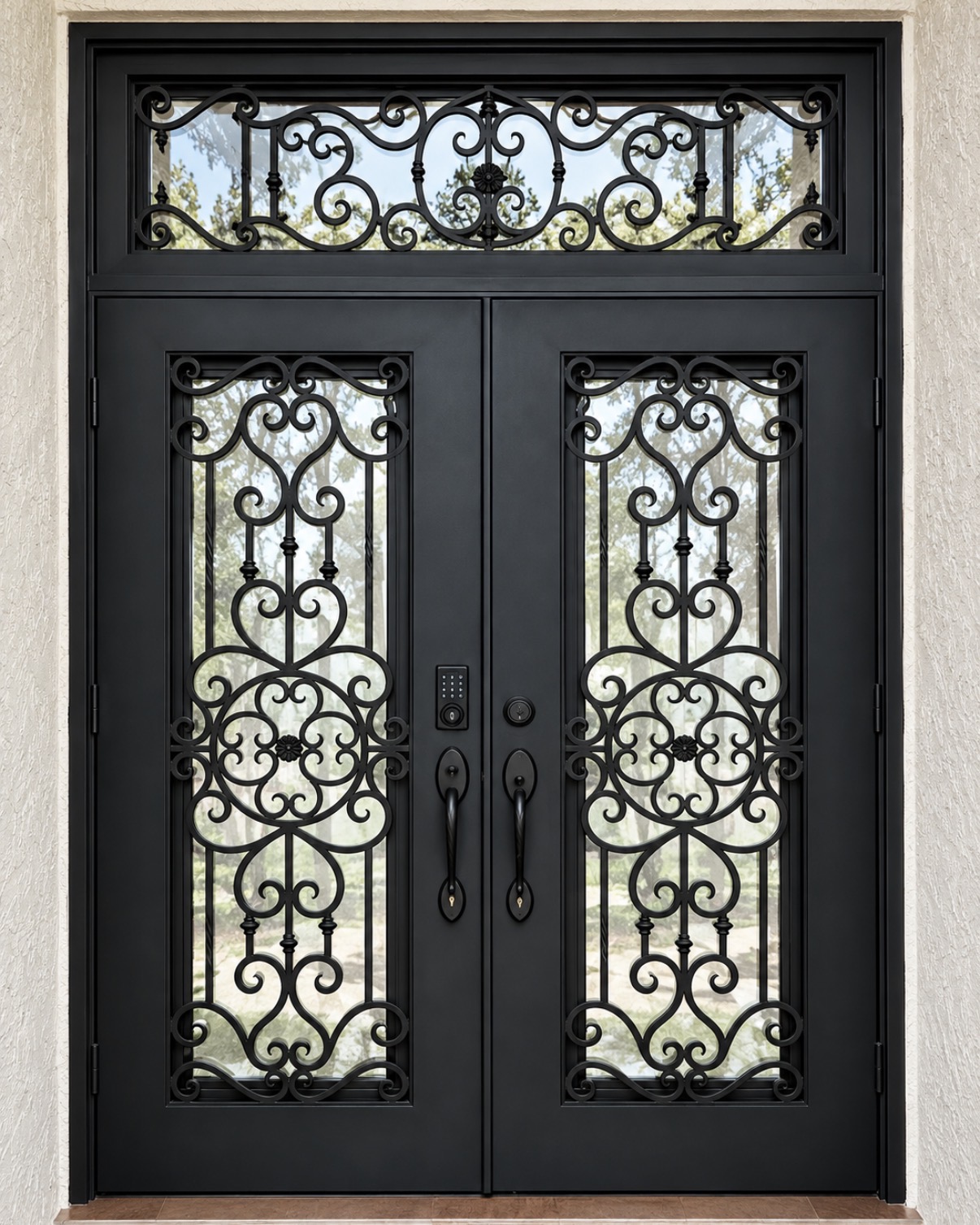 Traditional double iron door with scrolling iron design and rectangular transom