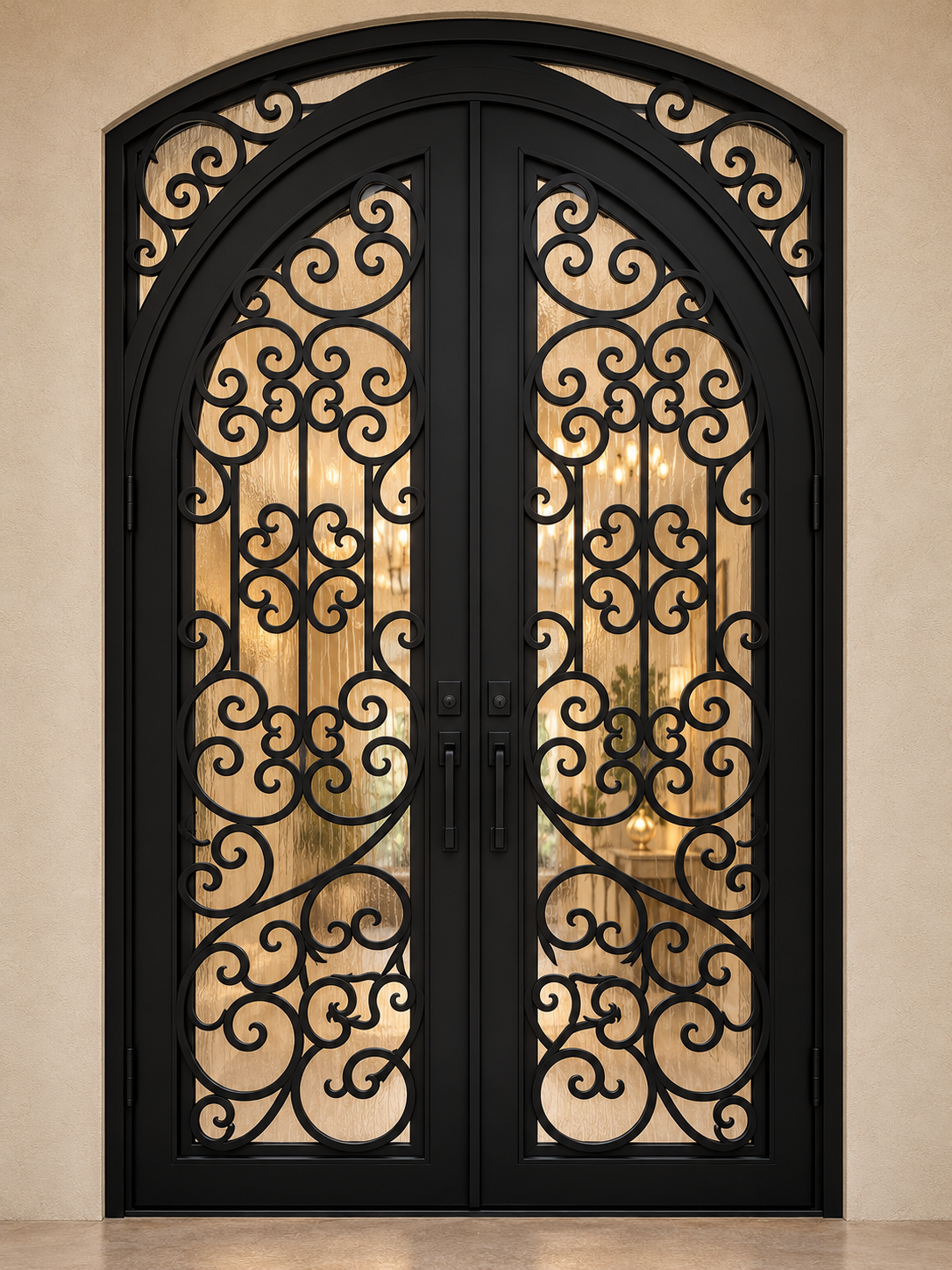 Arched traditional iron double door with symmetrical decorative scrollwork
